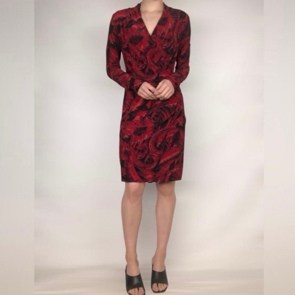 Norma Kamali Faux Wrap Jersey Bodycon Dress Red Feather Print Long‎ Sleeve L